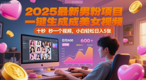 2025最新男粉项目，一键生成美女视频，日引600+色粉 十秒一个视频，小白轻松日入5张【揭秘】搞副业-副业刚需-兼职-网赚搞副业网