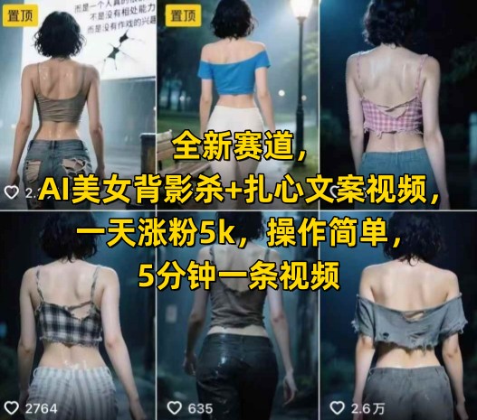 全新赛道，AI美女背影杀+扎心文案视频，一天涨粉5k，操作简单，5分钟一条视频搞副业-副业刚需-兼职-网赚搞副业网
