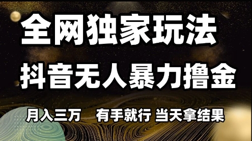 全网独家玩法抖音无人暴力撸金，月入3W，有手就行，当天拿结果【揭秘】搞副业-副业刚需-兼职-网赚搞副业网
