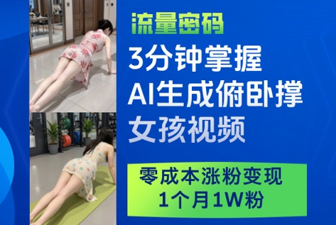 3分钟掌握AI生成俯卧撑女孩视频，零成本涨粉变现，1个月1W粉搞副业-副业刚需-兼职-网赚搞副业网
