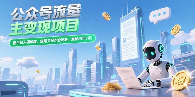 公众号流量主变现项目，新手日入四位数，含爆文写作全攻略(更新25年7月搞副业-副业刚需-兼职-网赚搞副业网