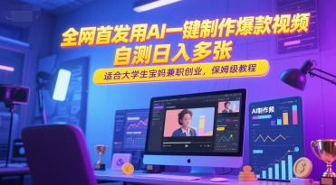 全网首发用AI一键制作爆款视频，自测日入多张，适合大学生宝妈兼职创业，保姆级教程搞副业-副业刚需-兼职-网赚搞副业网