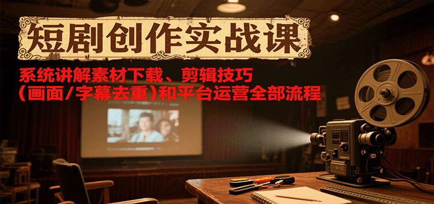 短剧创作实战课，系统讲解素材下载、剪辑技巧(画面/字幕去重)和平台运营全部流程搞副业-副业刚需-兼职-网赚搞副业网
