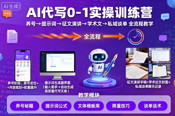 AI代写0-1实操训练营，从养号、提示词、征文演讲、学术文，到私域谈单的全流程教学搞副业-副业刚需-兼职-网赚搞副业网
