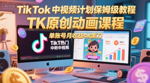 TikTok中视频计划保姆级教程，TK原创动画课程，单账号月收益4k美刀搞副业-副业刚需-兼职-网赚搞副业网