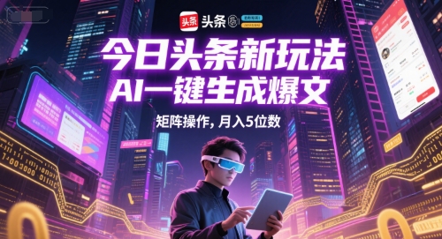 今日头条新玩法，AI一键生成爆文，矩阵操作，月入5位数搞副业-副业刚需-兼职-网赚搞副业网