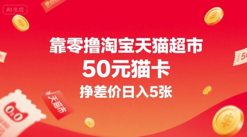 靠零撸淘宝天猫超市50元猫卡，挣差价日入5张搞副业-副业刚需-兼职-网赚搞副业网