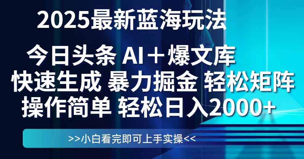 今日头条2025最新蓝海玩法，思路简单，复制粘贴，轻松实现矩阵日入2000+搞副业-副业刚需-兼职-网赚搞副业网