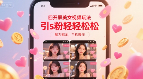 四开屏美女视频玩法，引s粉轻轻松松，暴力掘金，手机操作【揭秘】搞副业-副业刚需-兼职-网赚搞副业网