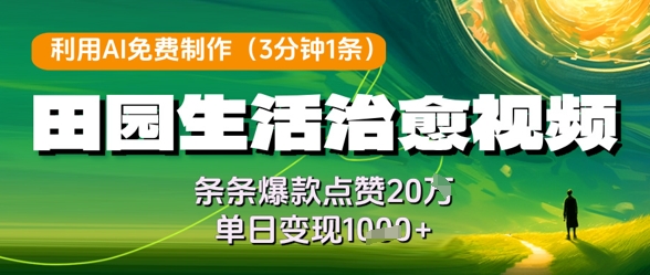 利用AI免费制作田园生活治愈视频，条条爆款点赞20W，单日变现几张搞副业-副业刚需-兼职-网赚搞副业网