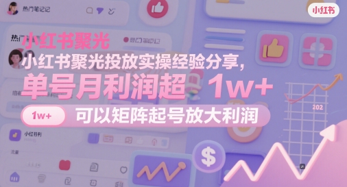 小红书聚光投放实操经验分享，单号月利润超1w+，可以矩阵起号放大利润搞副业-副业刚需-兼职-网赚搞副业网