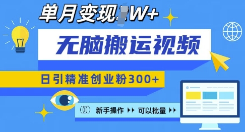 无脑搬运视频号可批量复制，新手即可操作，日引精准创业粉300+，月变现过W 【揭秘】搞副业-副业刚需-兼职-网赚搞副业网