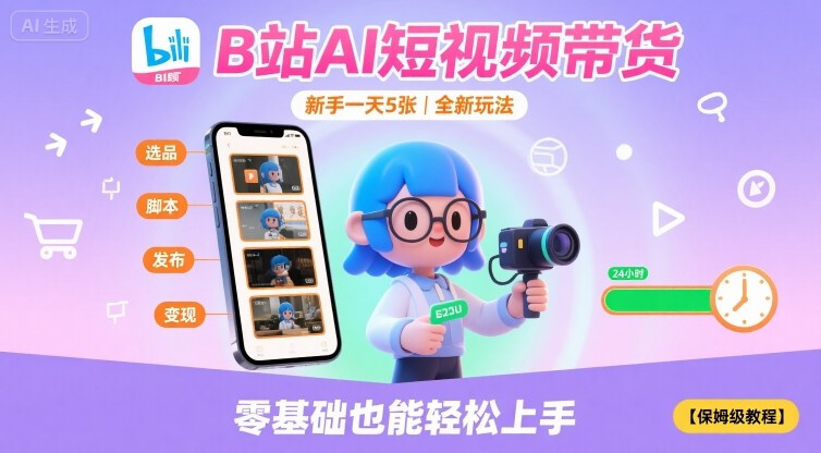 B站AI短视频带货，新手一天5张，全新玩法【保姆级教程】搞副业-副业刚需-兼职-网赚搞副业网