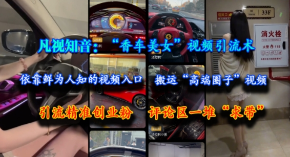 凡视知音：“香车美女”视频引流术，依靠鲜为人知的视频入口，搬运“高端圈子”视频，引流精准创业粉，评论区一堆“求带”搞副业-副业刚需-兼职-网赚搞副业网