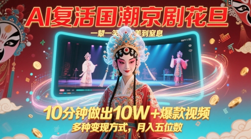 AI复活国潮京剧花旦，一颦一笑美到窒息，10分钟做出10W+爆款视频，多种变现方式，月入五位数搞副业-副业刚需-兼职-网赚搞副业网