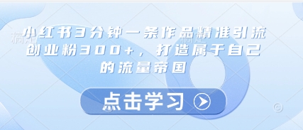 小红书3分钟一条作品精准引流创业粉300+，打造属于自己的流量帝国搞副业-副业刚需-兼职-网赚搞副业网