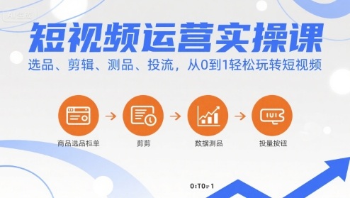 短视频运营实操课，选品、剪辑、测品、投流，从0到1轻松玩转短视频搞副业-副业刚需-兼职-网赚搞副业网