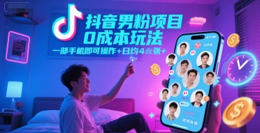 抖音男粉项目0成本玩法，一部手机即可操作，日均4张+，时间自由搞副业-副业刚需-兼职-网赚搞副业网