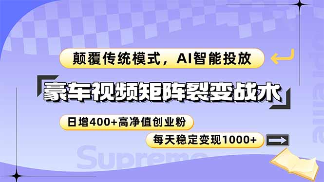豪车视频矩阵裂变战术，颠覆传统模式，AI智能投放，日增400+高净值创业…搞副业-副业刚需-兼职-网赚搞副业网
