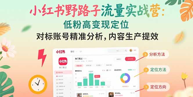 小红书野路子流量实战营：低粉高变现定位 对标账号精准分析 内容生产提效搞副业-副业刚需-兼职-网赚搞副业网