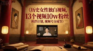 历史女性独白视频，13个视频10w粉丝，伙伴计划，视频号分成等搞副业-副业刚需-兼职-网赚搞副业网
