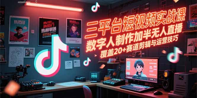 三平台短视频实战课，数字人制作加半无人直播，覆盖20+赛道剪辑与运营技巧搞副业-副业刚需-兼职-网赚搞副业网
