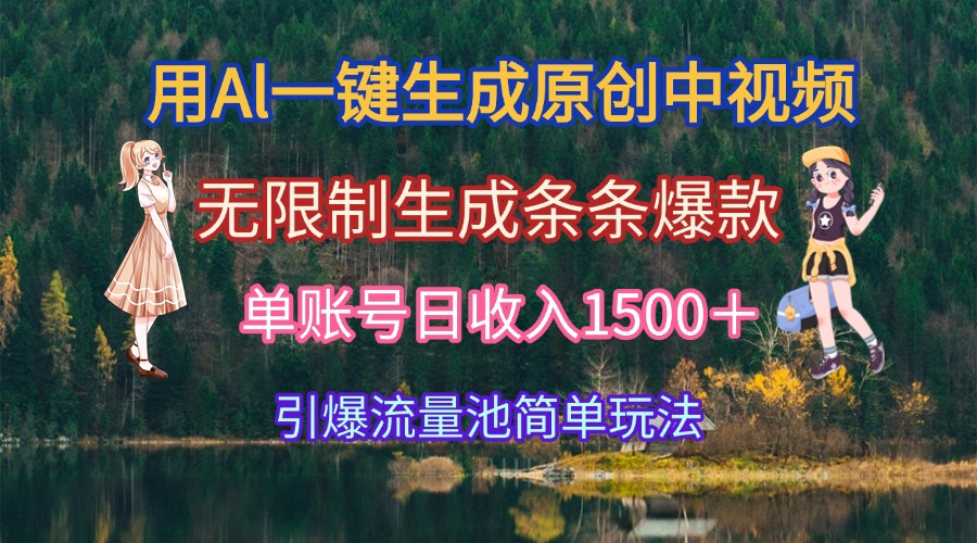 用Al一键生成原创中视频，无限制生成条条爆款，单账号日收入1500＋引爆…搞副业-副业刚需-兼职-网赚搞副业网