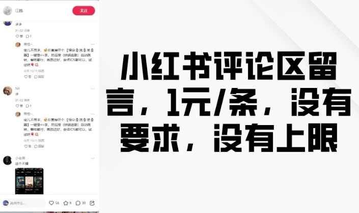 小红书评论区留言，1元条，没有要求，没有上限搞副业-副业刚需-兼职-网赚搞副业网