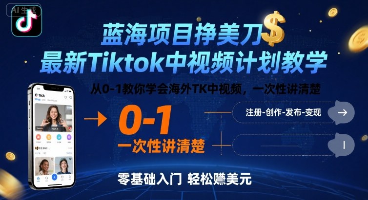 蓝海项目挣美刀，最新Tiktok中视频计划教学，从0-1教你学会海外TK中视频，一次性讲清楚搞副业-副业刚需-兼职-网赚搞副业网