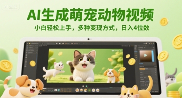 AI生成萌宠动物视频，小白轻松上手，多种变现方式，日入4位数搞副业-副业刚需-兼职-网赚搞副业网