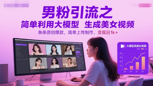 男粉引流之简单利用大模型生成美女视频，条条原创爆款，简单上传制作，变现日1k+搞副业-副业刚需-兼职-网赚搞副业网