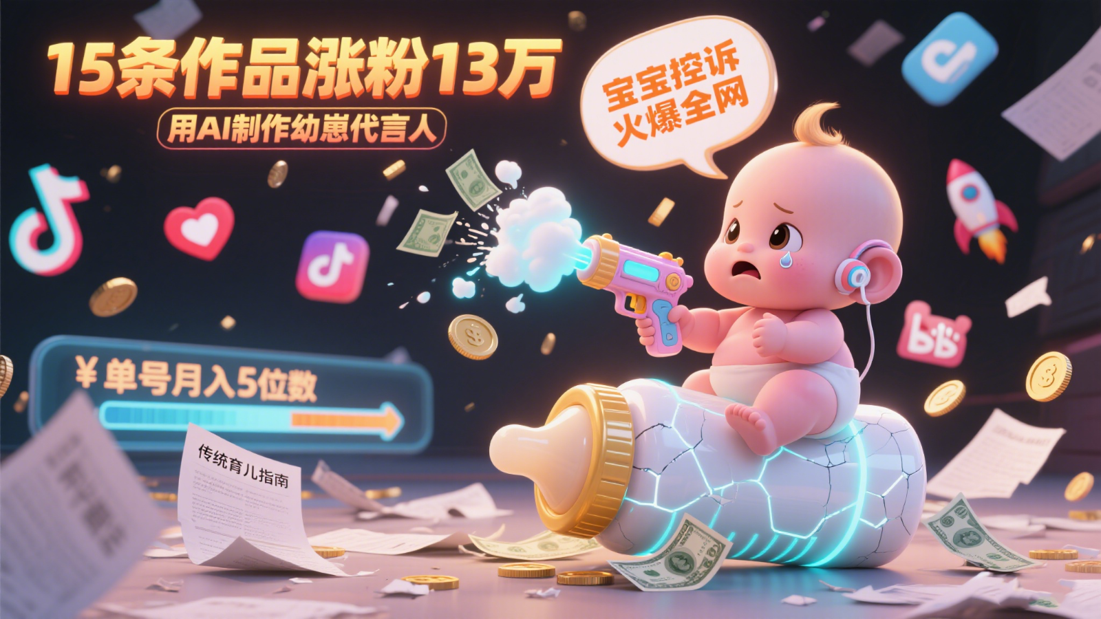 用AI制作幼崽代言人，宝宝的控诉火爆全网，15条作品涨粉13万，单号月入5位数实操教程搞副业-副业刚需-兼职-网赚搞副业网
