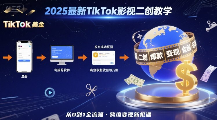 2025年最新TikTok影视二创教学，从注册到发布撸美金全流程，跨境变现新机遇搞副业-副业刚需-兼职-网赚搞副业网
