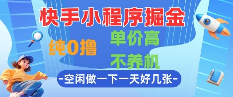 快手小程序掘金，纯0撸，单价高不养机 利用空闲时间做一做，一天好几张【揭秘】搞副业-副业刚需-兼职-网赚搞副业网