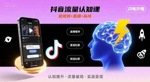 抖音流量认知课，短视频+直播+私域，认知提升，闪电开悟搞副业-副业刚需-兼职-网赚搞副业网