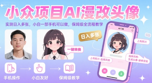 小众项目AI漫改头像，实测日入多张，小白一部手机可以做，保姆级全流程教学搞副业-副业刚需-兼职-网赚搞副业网