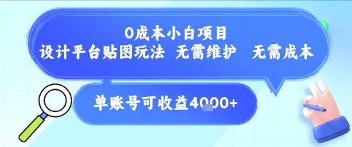 0成本小白项目，设计平台贴图玩法，无需维护，无需成本，单账号单月可产生收益4k+搞副业-副业刚需-兼职-网赚搞副业网