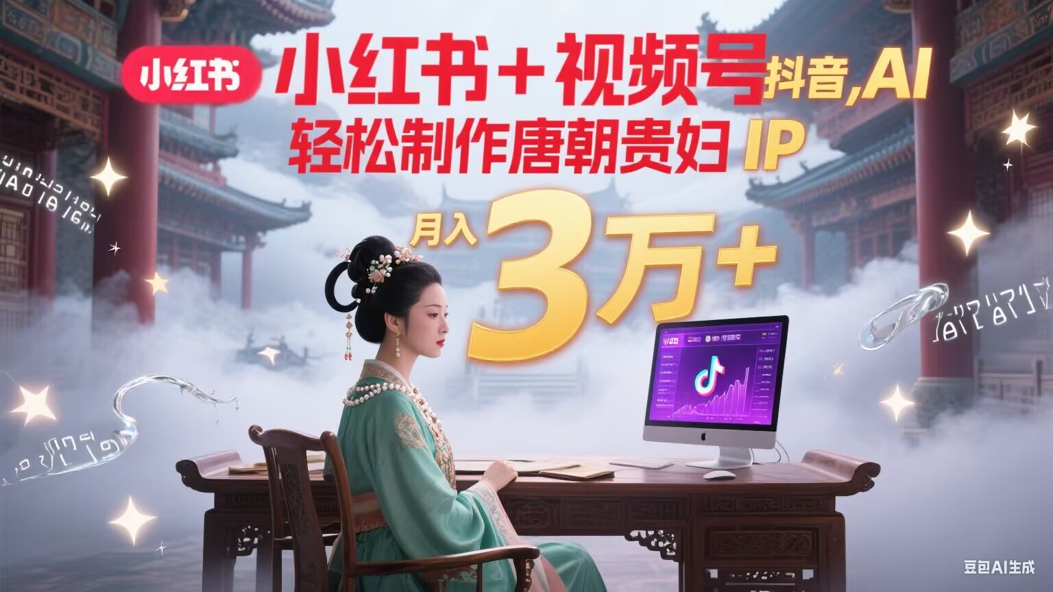 小红书+视频号+抖音，AI轻松制作唐朝贵妇IP，毒鸡汤、励志、减肥瘦身、养生赛道轻松切入，每天30分钟，轻松产出N条，月入3万+搞副业-副业刚需-兼职-网赚搞副业网