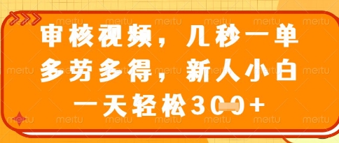 视频审核员，几秒一单，不限时间，不限地点，多做多得，新人小白一天轻松几张+【揭秘】搞副业-副业刚需-兼职-网赚搞副业网