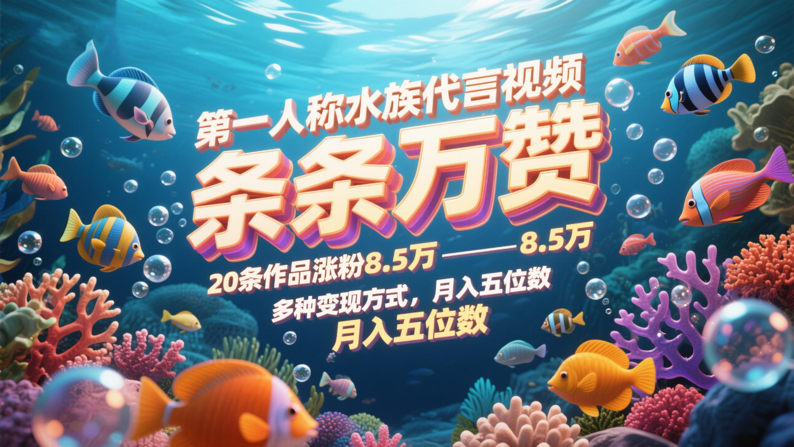 第一人称水族代言视频，条条万赞，20条作品涨粉8.5万，多种变现方式月，入五位数搞副业-副业刚需-兼职-网赚搞副业网