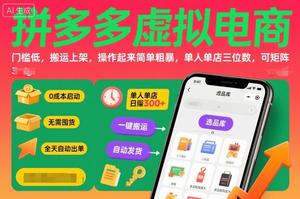 拼多多虚拟电商，门槛低，搬运上架，操作起来简单粗暴，单人单店三位数，可矩阵搞副业-副业刚需-兼职-网赚搞副业网