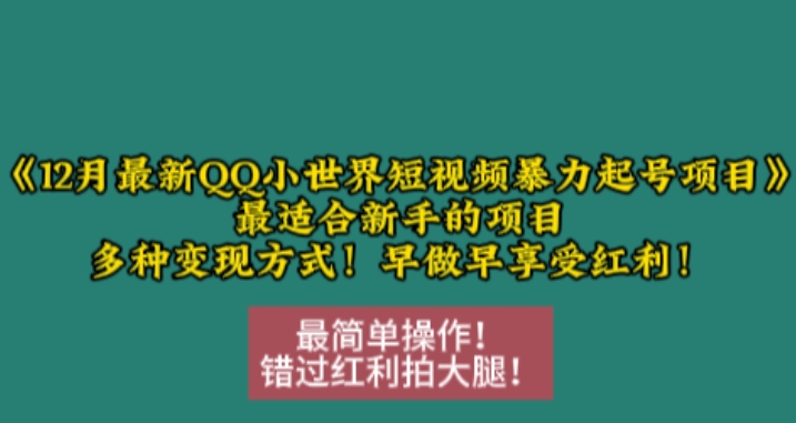 12月最新QQ小世界短视频暴力起号项目，最适合新手的项目，多种变现方式搞副业-副业刚需-兼职-网赚搞副业网