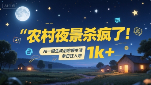 农村夜景杀疯了！AI一键生成治愈系慢生活，单日狂入1k+搞副业-副业刚需-兼职-网赚搞副业网