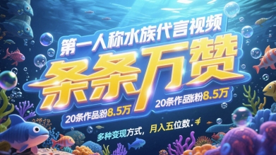 第一人称水族代言视频，条条万赞，20条作品涨粉7.8W，多种变现方式月入五位数搞副业-副业刚需-兼职-网赚搞副业网